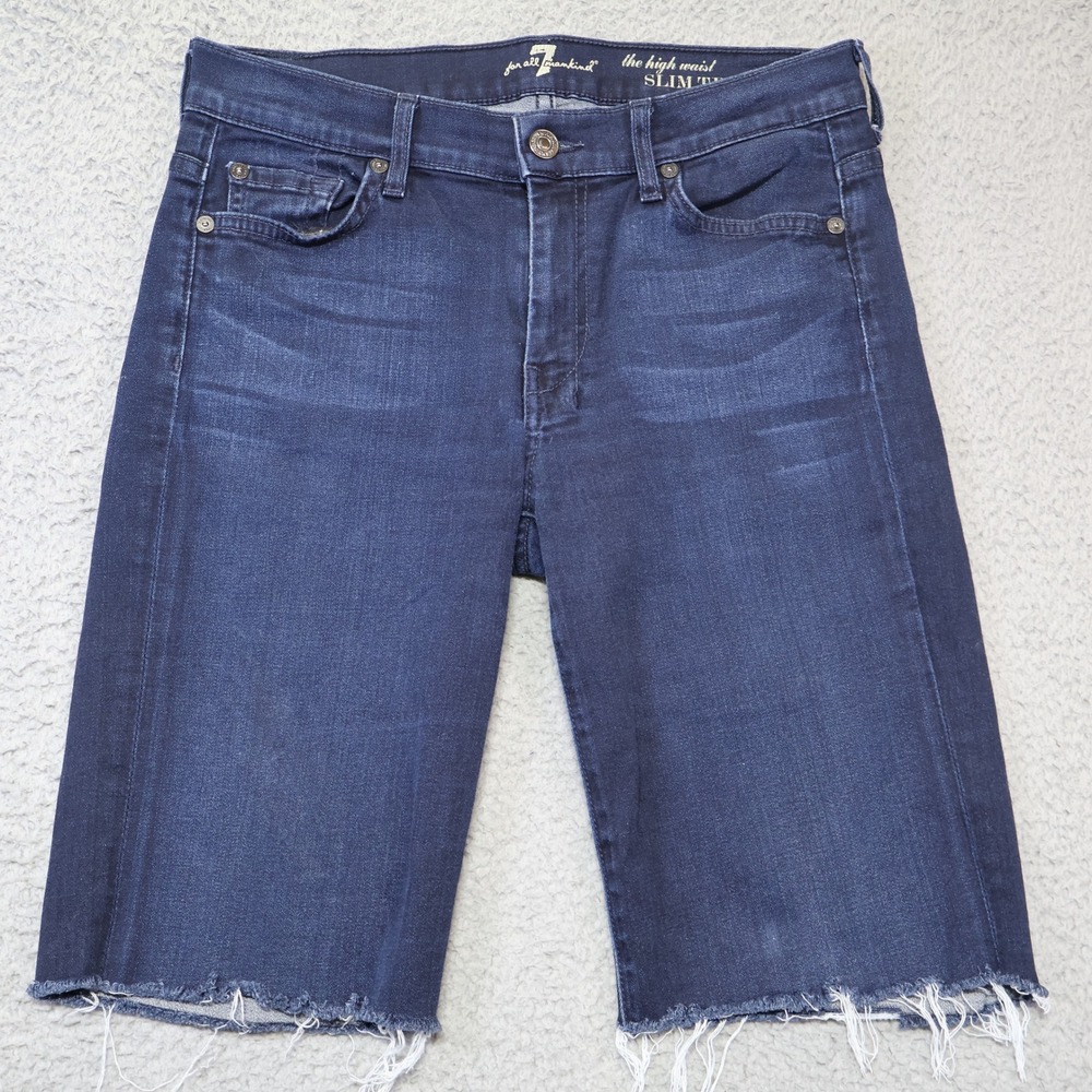 7 For All Mankind High Waist Slim Trouser Denim Shorts Dark Wash Blue 28 Raw Hem